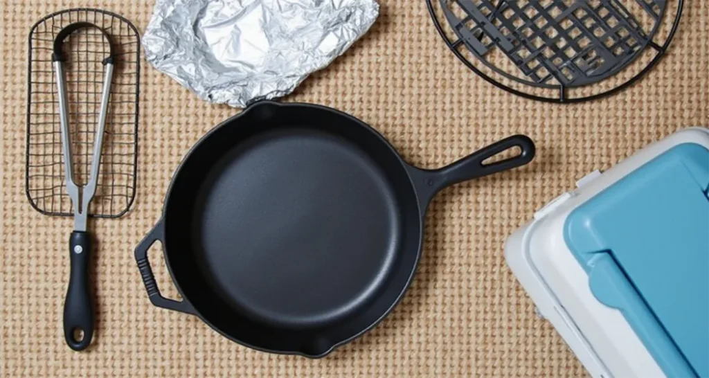 Essential camping cookware for making mini meatball subs, including a cast iron skillet and grill grate