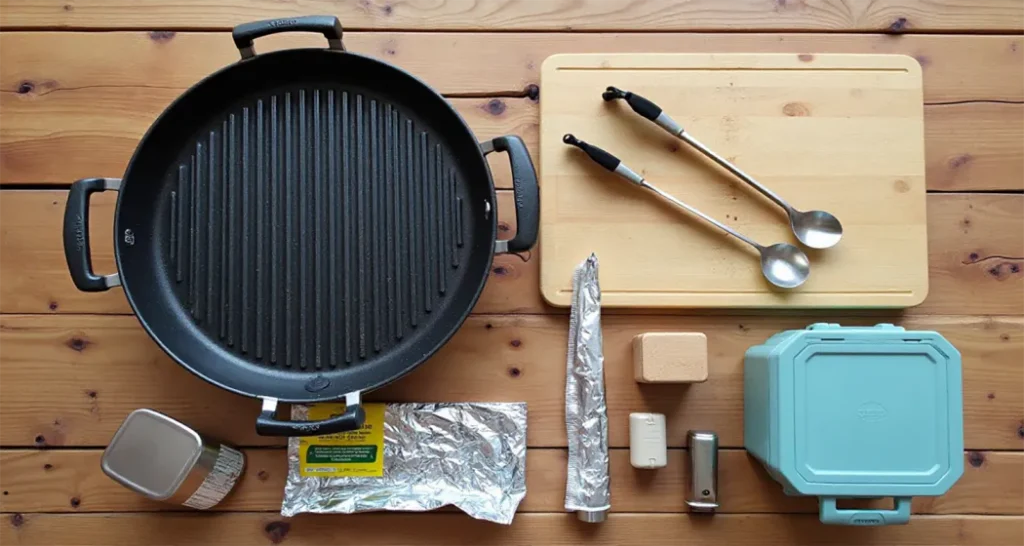 Camping equipment for preparing Chicken Caesar Wraps, including grill, tongs, cutting board, and cooler