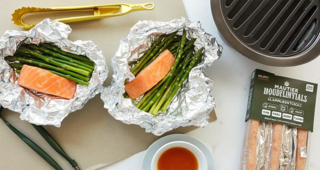 Camping cooking essentials including aluminum foil, tongs, and a portable grill