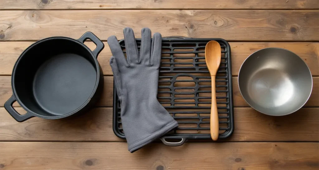 Camping cooking tools, including a Dutch oven, campfire grate, fire gloves, and wooden spoon, laid out on a wooden surface.