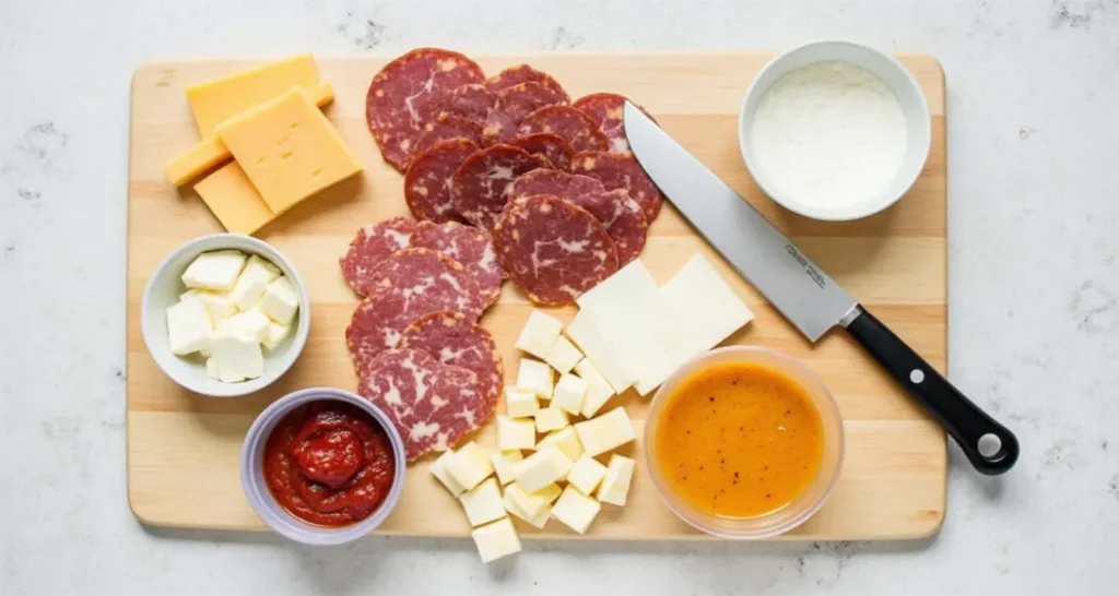 Essential tools for a DIY camping charcuterie board: cutting board, cheese knife, cooler, and reusable containers.