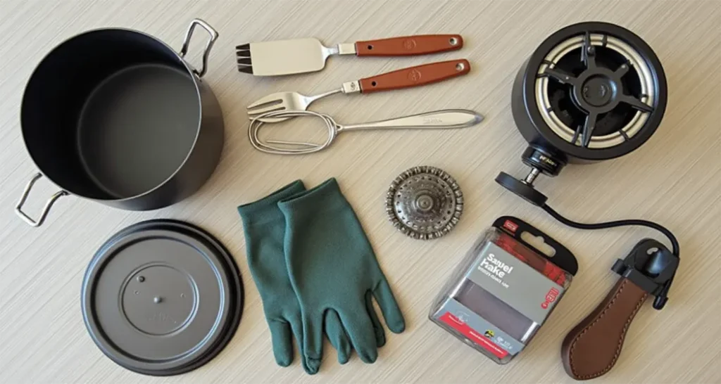 essential camping cooking gear, including a portable stove and single-pot system.