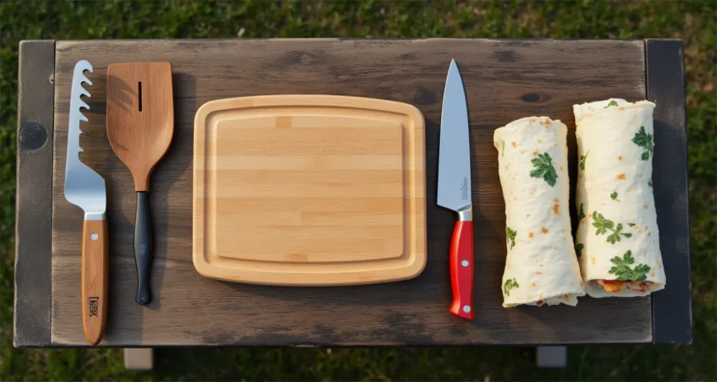 A flat-lay image of all the required tools (cutting board, knife, spatula, and wraps) on a camping table