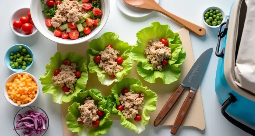 Camping tools for preparing Tuna Salad Lettuce Wraps: mixing bowl, knife, cutting board, and more