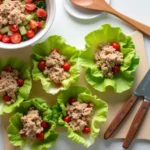 Camping tools for preparing Tuna Salad Lettuce Wraps: mixing bowl, knife, cutting board, and more