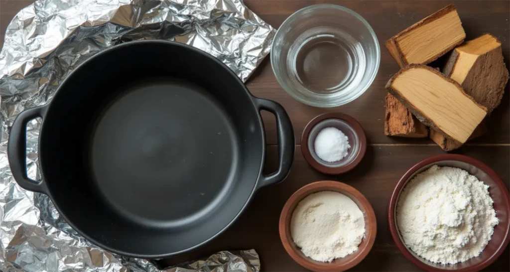 Flat lay of ingredients for campfire bread, including flour, yeast, water, and salt.