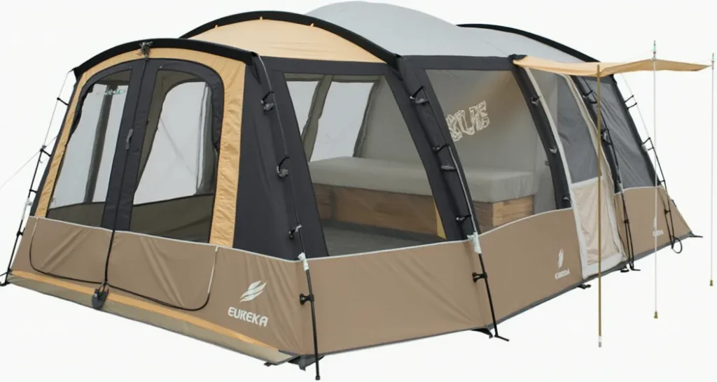 Eureka Copper Canyon LX 12 cabin-style tent with near-vertical walls, multiple gear pockets, and nighttime reflective accents.