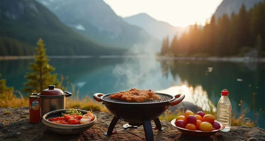 Portable grill at a scenic lakeside setting for camping.