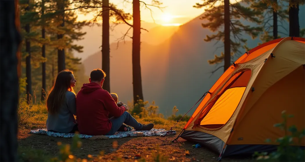 Family camping with a newborn under a forest canopy at sunrise.