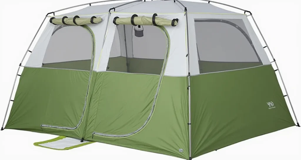 Shower tent with mesh ventilation panels and detachable floor for convenience.