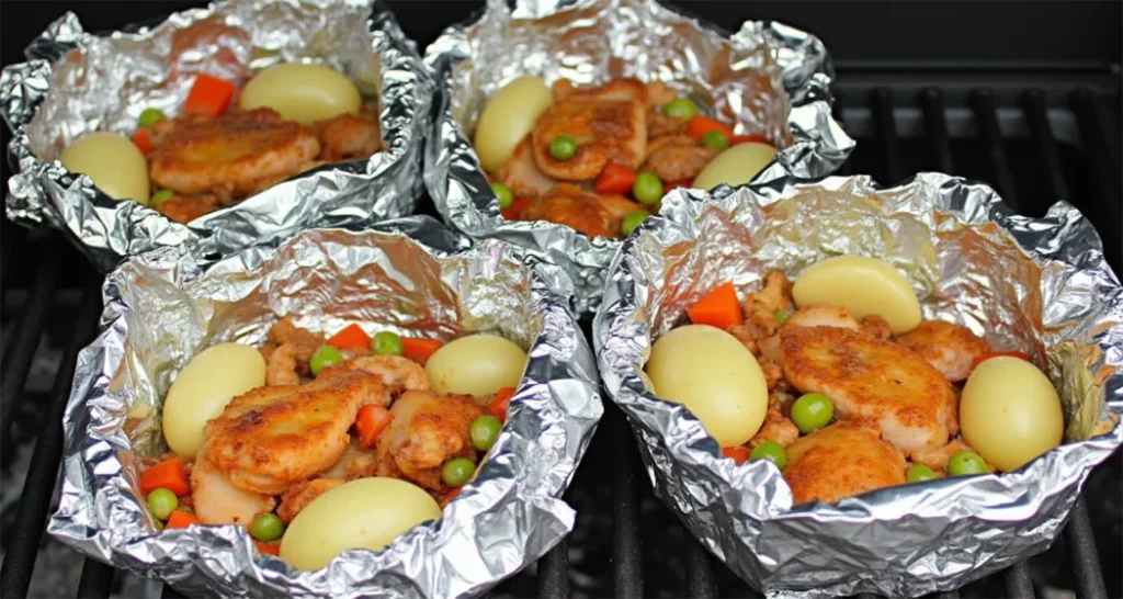 Foil packet meal with chicken, vegetables, and potatoes on a camping grill.