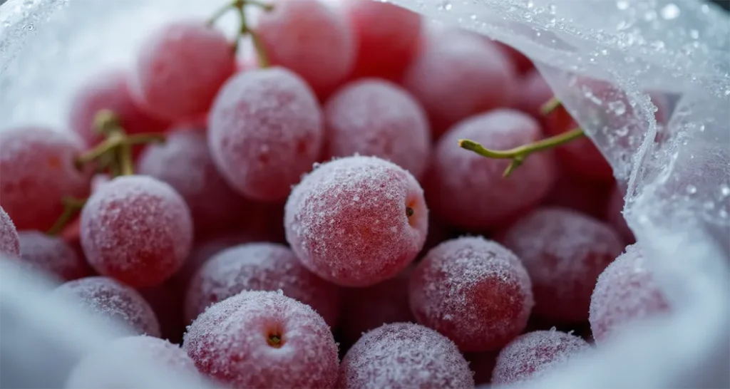 Frozen seedless grapes with a frosty appearance, perfect for camping snacks or chilling drinks.