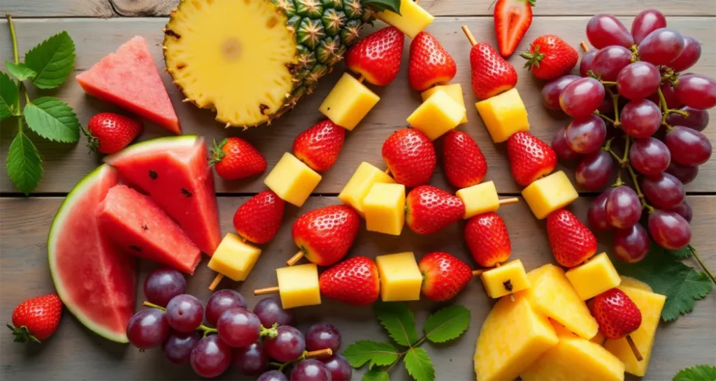 Fruit kabobs with vibrant pineapple, watermelon, and strawberries arranged on skewers.