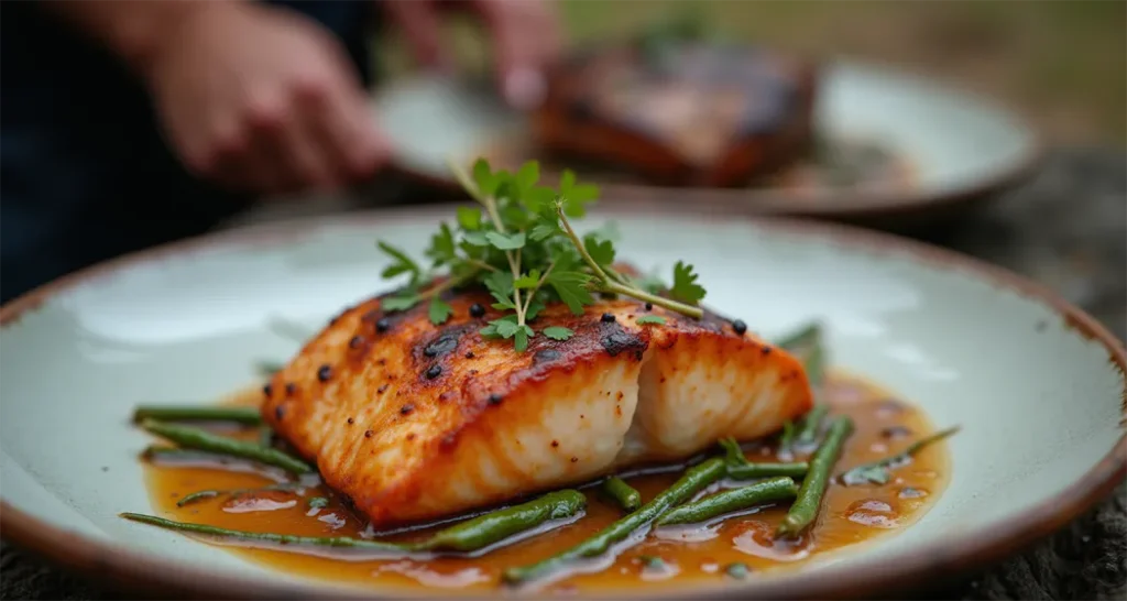 Cedar-plank salmon served at a camping grilling setup.