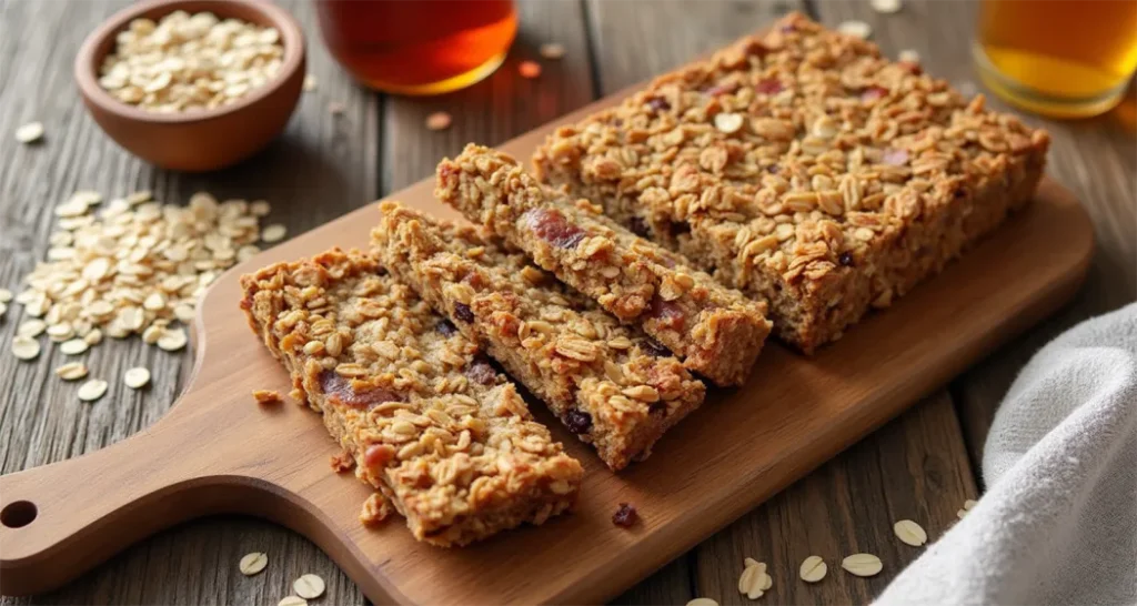 Camping Snacks : Homemade granola bars sliced on a wooden board with oats and honey in the background.