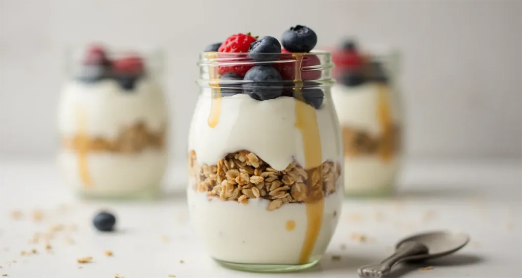 Greek yogurt parfait with granola, honey, and fresh blueberries in a clear glass jar.