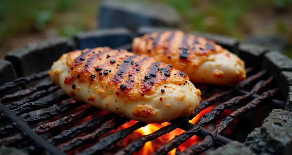 Chicken breasts grilling over a campfire with glowing coals.