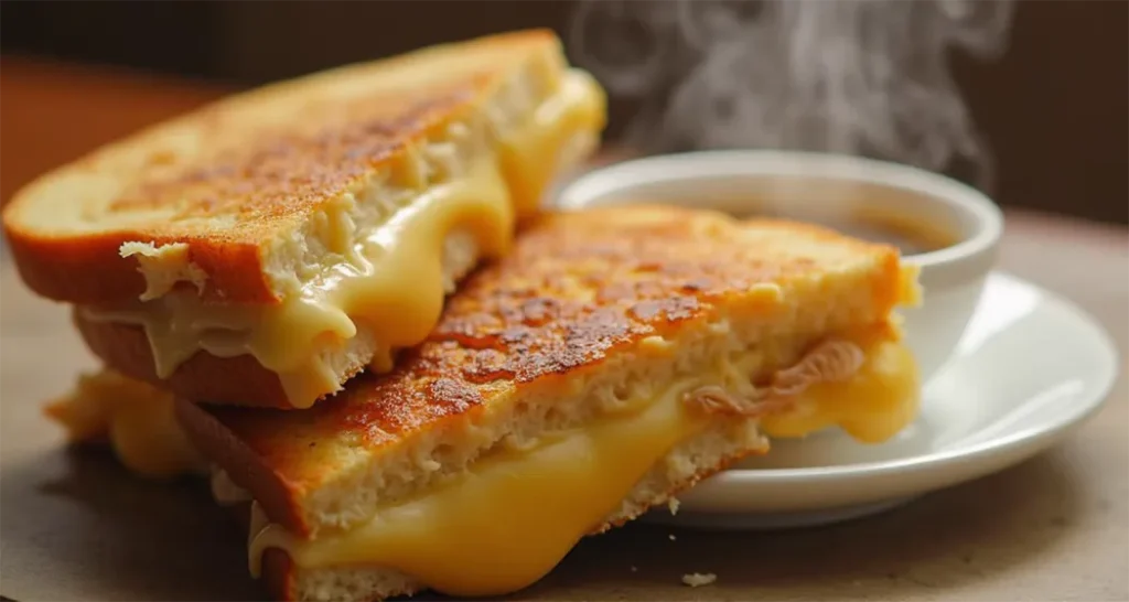 Grilled cheese sandwich with a bowl of soup on a portable stove.