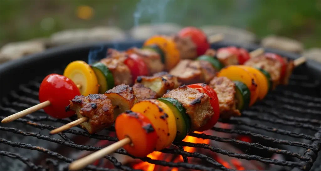 Grilled skewers with chicken, bell peppers, and mushrooms on a campfire grill.