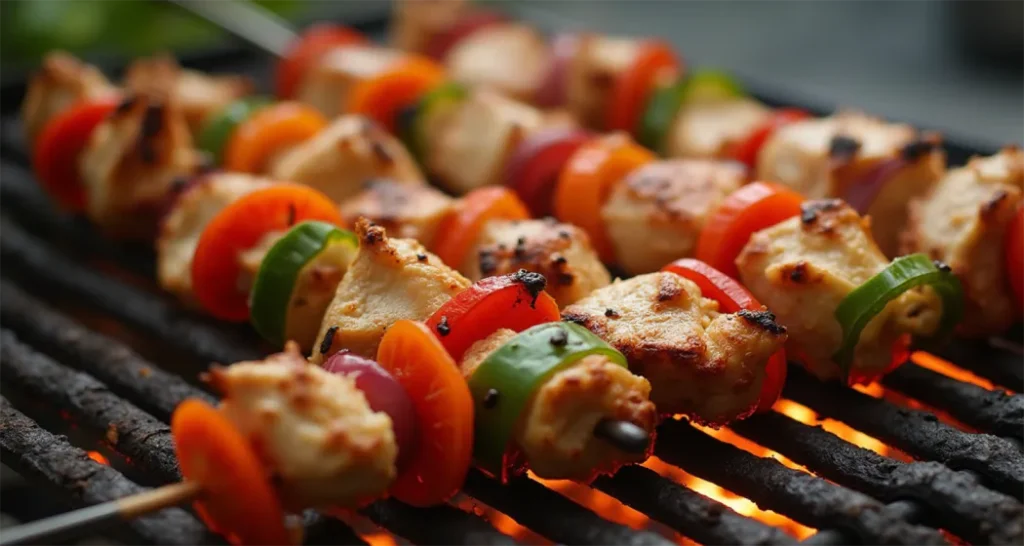 Grilled chicken skewers with charred edges over glowing coals.