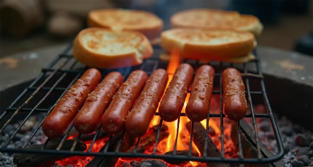 Hot dogs grilling over an open flame and buns being toasted for a campfire meal.