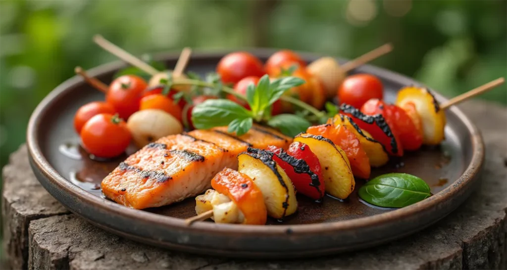 Healthy camping meal with grilled fish and vegetable kebabs.