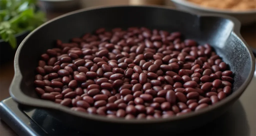 Black beans cooking in a cast-iron skillet over a campfire.