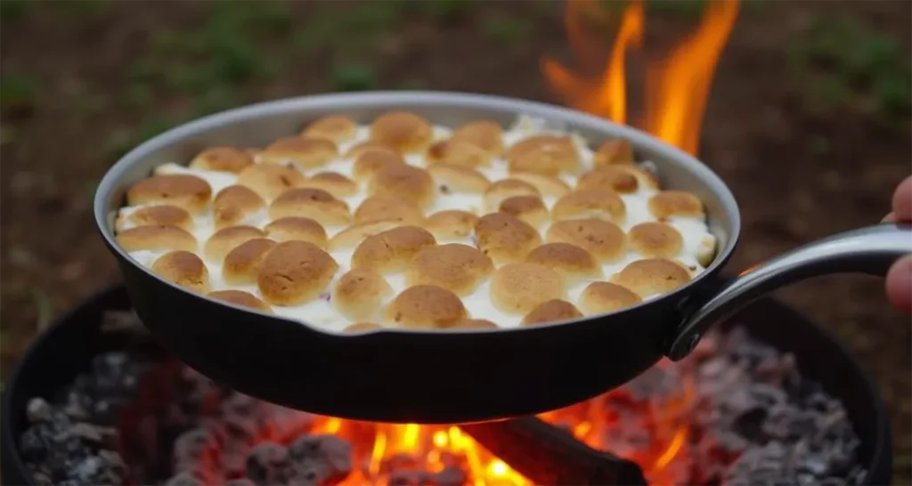 Campfire S’mores Dip skillet heating over a campfire with golden marshmallows.