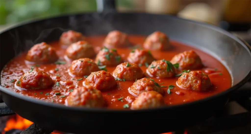 Skillet with marinara sauce and meatballs simmering over a campfire