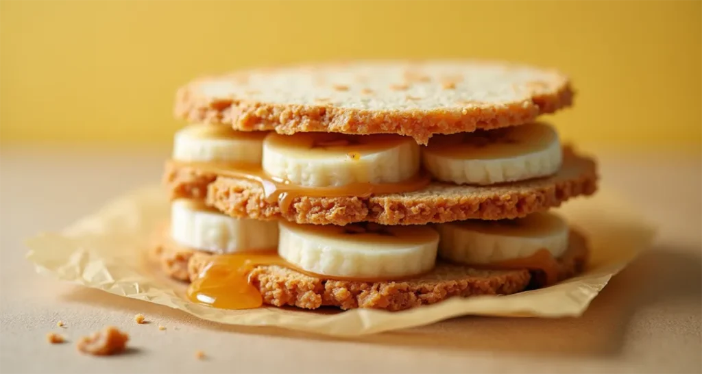 Honey and nut rice cake sandwiches layered with peanut butter, granola, and bananas.