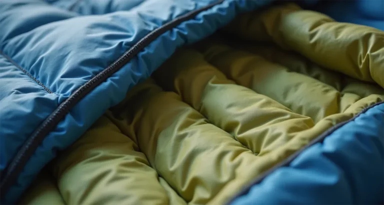 Close-up of synthetic insulation in a sleeping bag.