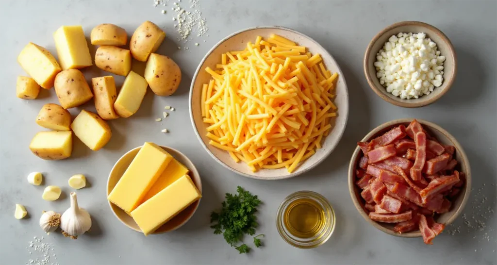 Ingredients for Cheesy Potato and Bacon Foil Packs, including cubed potatoes, shredded cheese, and crispy bacon