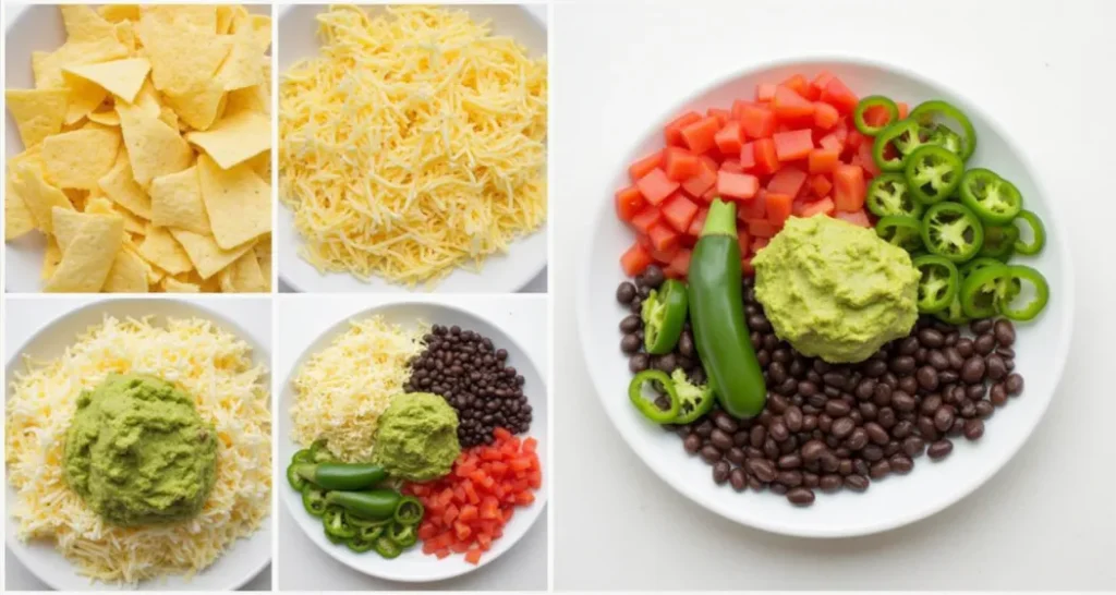 Collage of campfire nacho ingredients, including tortilla chips, shredded cheese, seasoned black beans, fresh jalapeños, chopped tomatoes, and creamy guacamole