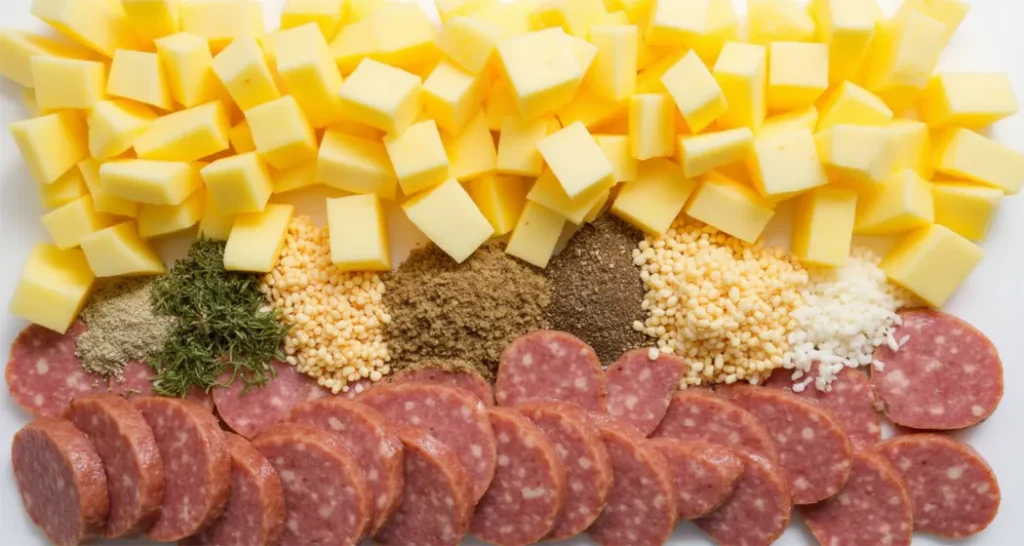 Diced potatoes, sausage slices, eggs, and seasonings arranged on a cutting board