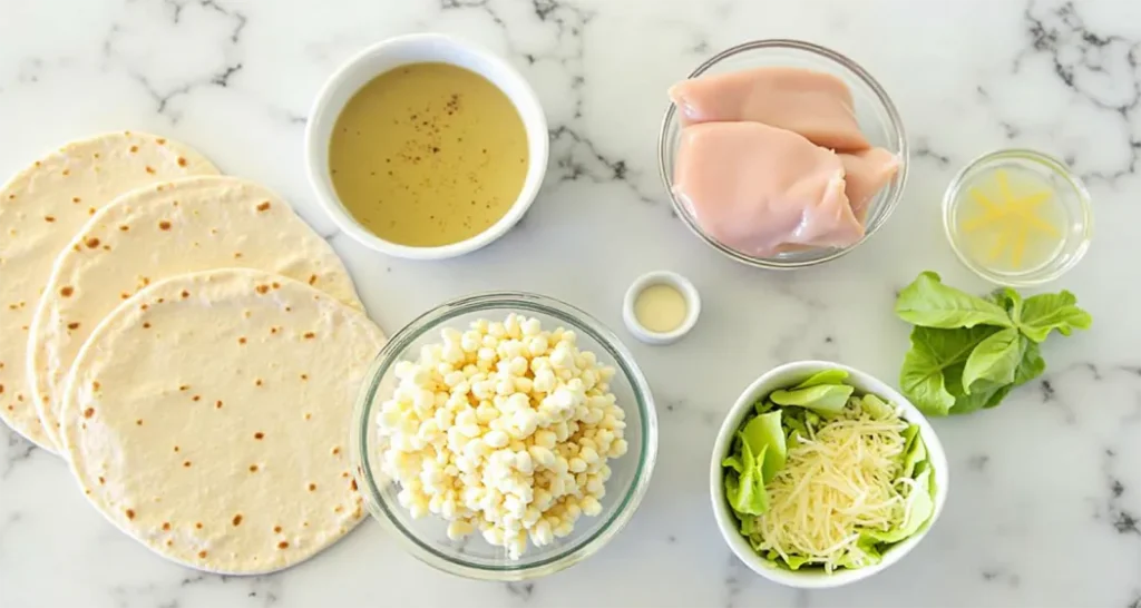 Ingredients for Chicken Caesar Wraps, including chicken breasts, tortillas, romaine lettuce, Caesar dressing, and Parmesan cheese.