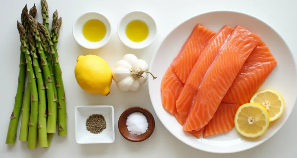 Fresh salmon fillets, asparagus, garlic, olive oil, and lemon arranged on a cutting board