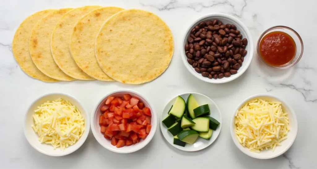 Ingredients for campfire quesadillas: tortillas, beans, cheese, salsa, and optional veggies and proteins