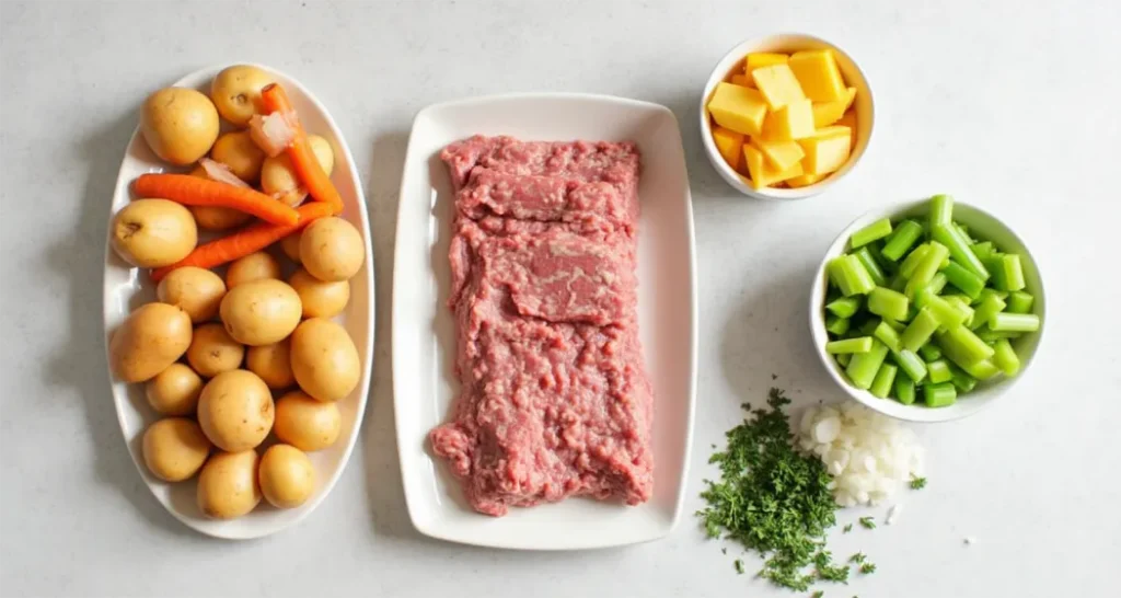 Ingredients for Dutch Oven Beef Stew: beef cubes, diced potatoes, sliced carrots, celery, onions, and fresh herbs