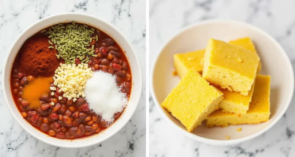 Vegetarian Chili with Cornbread
- Ingredients for vegetarian chili: beans, diced tomatoes, bell peppers, onions, garlic, and spices.