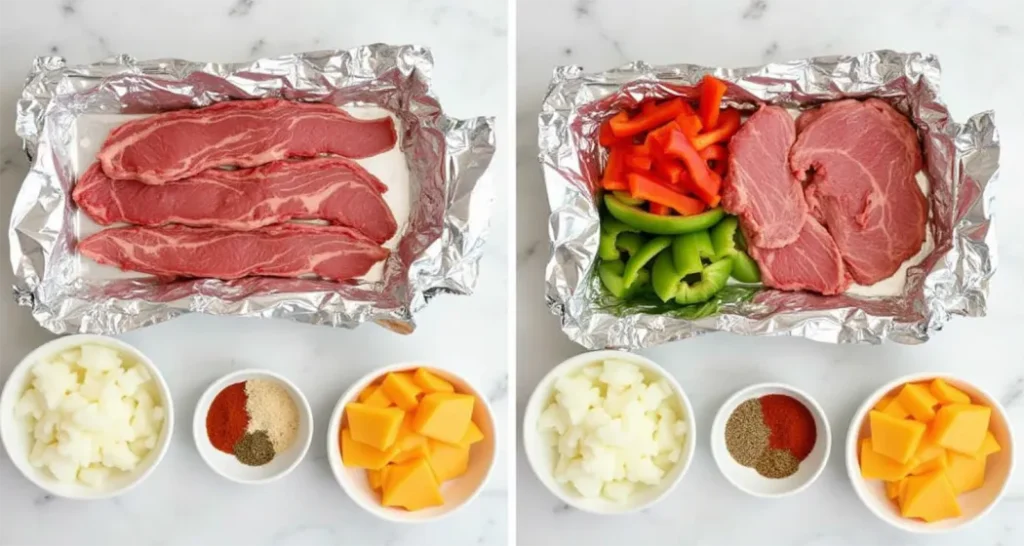 Flat-lay of Philly Cheesesteak ingredients: thinly sliced steak, bell peppers, onions, provolone cheese, and seasonings