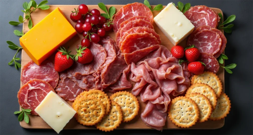 Variety of charcuterie board ingredients: salami, brie, grapes, almonds, and crackers.