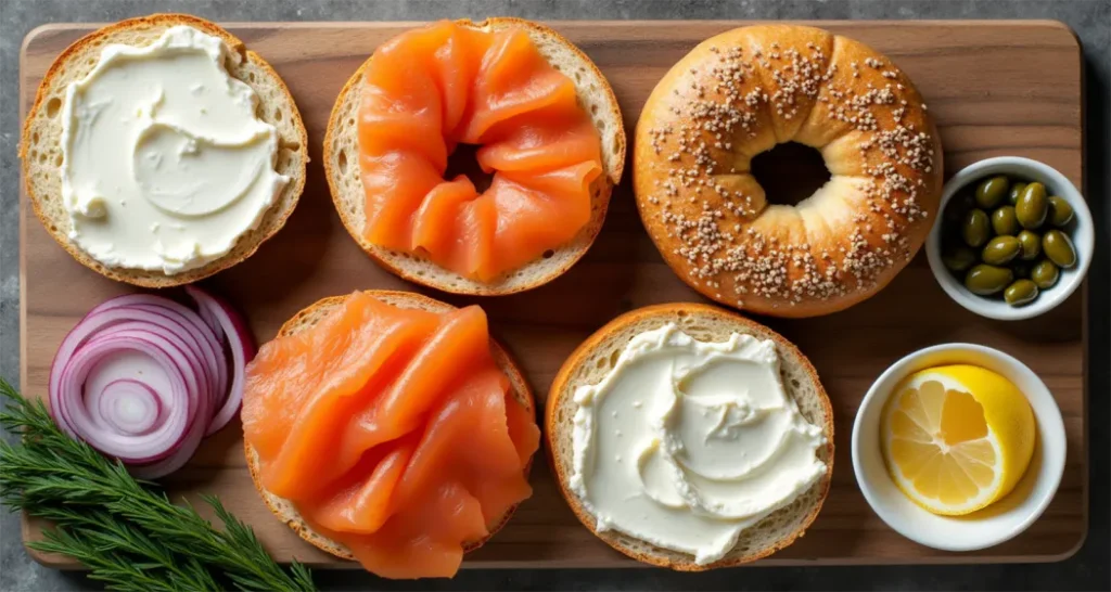 Ingredients for bagels with cream cheese and smoked salmon, including bagels, cream cheese, smoked salmon, capers, red onions, dill, and lemon