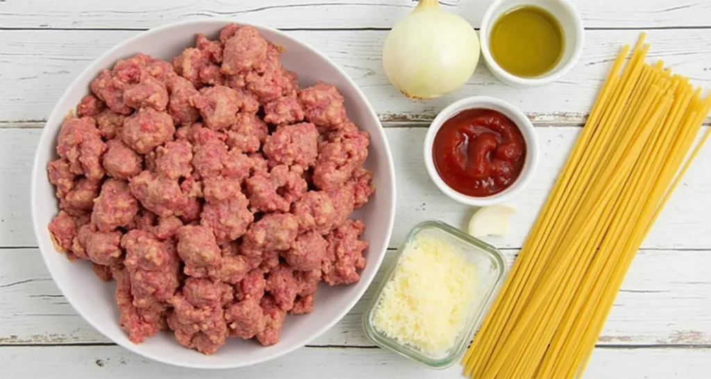 ingredients for one-pot spaghetti: ground meat, onion, garlic, spaghetti, marinara sauce, olive oil, and Parmesan cheese.