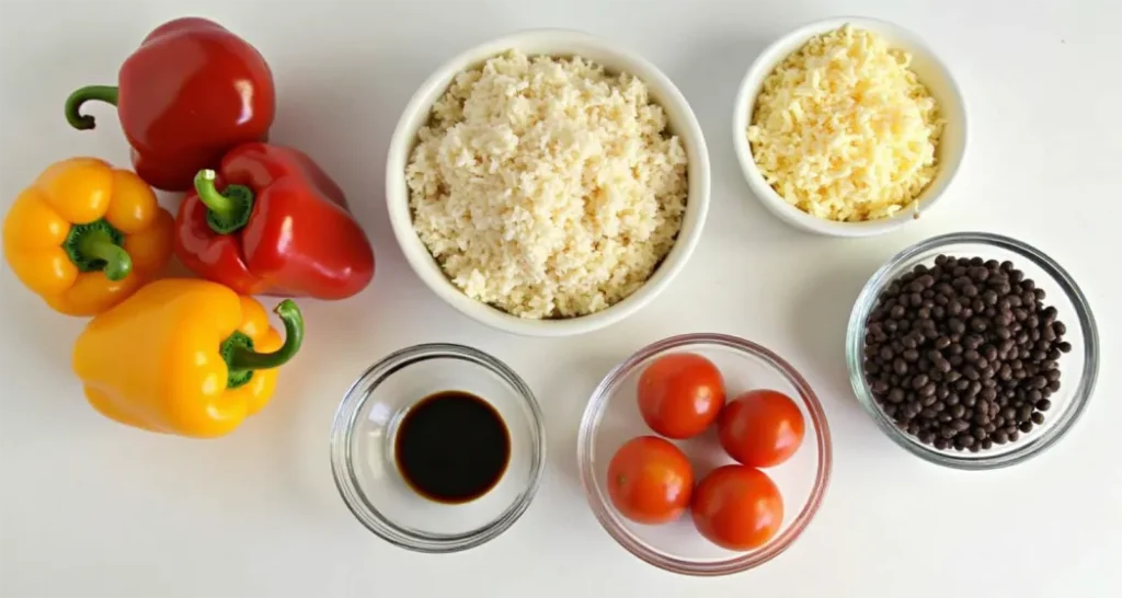 Ingredients for Vegetarian Stuffed Bell Peppers including bell peppers, black beans, rice, tomatoes, and cheese.