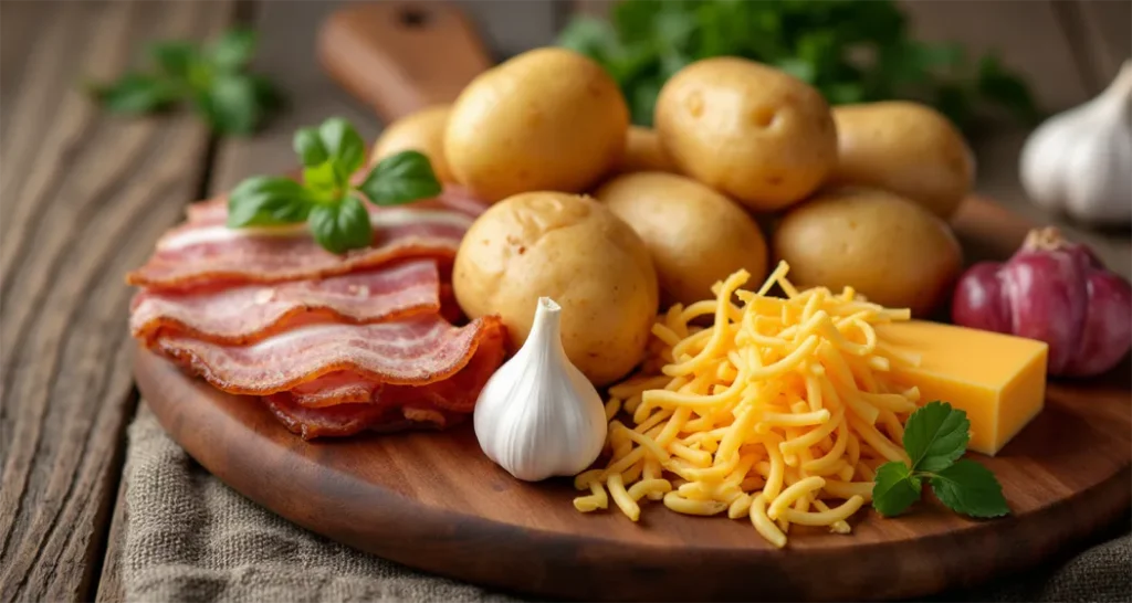 Fresh ingredients for cheesy potato and bacon casserole: potatoes, bacon, cheese, and garlic.