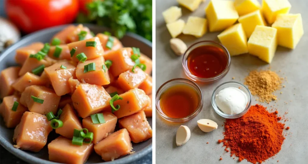 Chopped vegetables, marinated chicken, and pineapple chunks ready for skewering