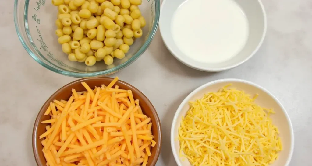 Ingredients , including shredded cheddar, macaroni, and milk