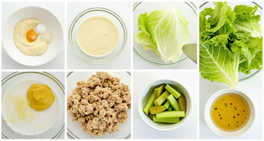 Collage of ingredients for Tuna Salad Lettuce Wraps: tuna, lettuce, mayonnaise, mustard, celery, and pickles