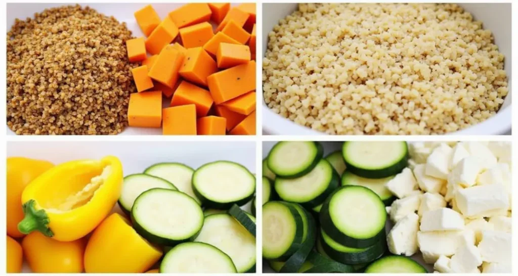 Photo collage of ingredients for quinoa bowls, including quinoa, sweet potatoes, zucchini, bell peppers, and feta cheese