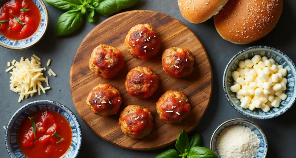 Ingredients for mini meatball subs, including meatballs, marinara sauce, buns, mozzarella, and basil